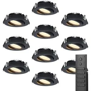 HOFTRONIC 10x LED Einbaustrahler Rome - Schwarz - 6W 500 lumen - Schwenkbar - Dimmbar - 2700K warmweiß - IP44 Wasserdicht - Inklusive Fernbedienung - Geringe Einbautiefe