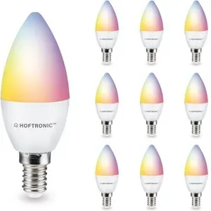HOFTRONIC SMART 10er Set Smart Glühbirnen - E14 Kerzenlampe - 5,5W 470 Lumen - RGBWW - Wifi & Bluetooth - App Steuerung - Google Home, Amazon Alexa und Siri