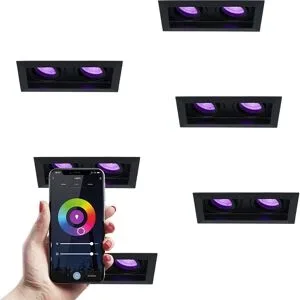 HOFTRONIC SMART 6er Set Durham Doppel Smart Einbaustrahler Square - Wifi + Bluetooth - RGBWW - GU10 11 Watt 670 Lumen - schwenkbar - Google Home, Amazon Alexa und Siri - Schwarz