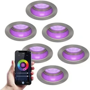 HOFTRONIC SMART 6er Set Mari - Smart LED Einbaustrahler - IP65 wasserdicht - 5,5 Watt 345 Lumen - Wifi + Bluetooth - RGBWW - GU10 - Google Home, Amazon Alexa und Siri - Für Innen, Außen und Badezimmer - Edelstahl