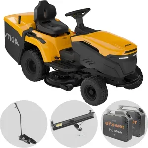 Stiga Estate 384e  Rasentraktor mit 2 ePower Pro-Akkus 56 V/40 Ah  Fangkorb und Mulchfunktion