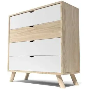 ABC MEUBLES Skandinavische Kommode Viking mit 4 Schubladen aus Massivholz - Naturlack/Weiß