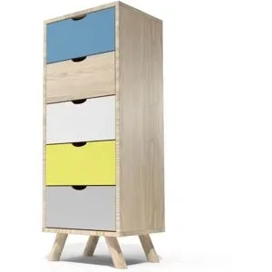 ABC MEUBLES Skandinavische lumpenhändler Viking 5 Schubladen aus Massivholz - Pastel Blau, Gelb, Weiß, Mausgrau