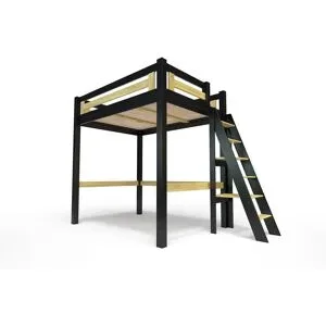 ABC MEUBLES Hochbett 160x200 aus Holz + verstellbare Leiter Alpage - Schwarz/Honig