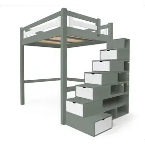 ABC MEUBLES Hochbett in holz 160x200 Alpage mit treppenregal - Grau/Weiß