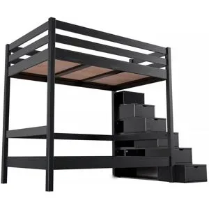 ABC MEUBLES Etagenbett 4 Personen 120x200 Holz mit Treppenregal Sylvia - Schwarz