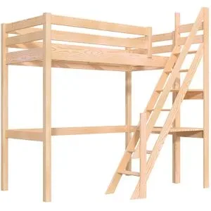 ABC MEUBLES Hochbett holz 90x200 Sylvia mit Müllertreppe - Roh (ohne Lack)
