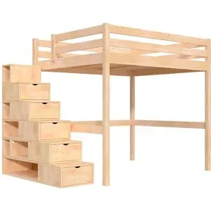 ABC MEUBLES Hochbett holz mit Treppenregal Sylvia - 160x200 - Roh (ohne Lack)