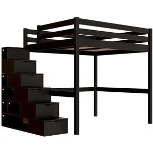 ABC MEUBLES Hochbett holz mit Treppenregal Sylvia - 160x200 - Schwarz
