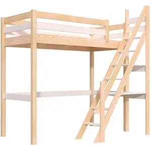 ABC MEUBLES Hochbett holz 90x200 Sylvia mit Müllertreppe - Naturlack/Weiß