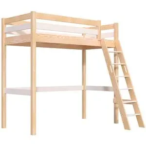 ABC MEUBLES Hochbett holz 90x200 mit Leiter Sylvia schräge Leiter - Naturlack/Weiß