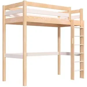 ABC MEUBLES Hohes bett 1-Personen Sylvia 90x200 mit gerader Leiter - Naturlack/Weiß
