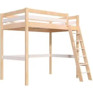 ABC MEUBLES Hochbett holz mit Leiter Sylvia - 120x200 schräge Leiter - Naturlack/Weiß