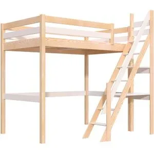 ABC MEUBLES Hochbett holz Sylvia 120x200 mit Müllertreppe - Naturlack/Weiß
