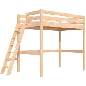ABC MEUBLES Hochbett holz mit Leiter Sylvia - 120x200 schräge Leiter - Roh (ohne Lack)