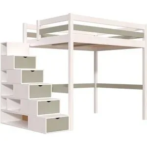 ABC MEUBLES Hochbett 140x200 Sylvia mit treppenregal - Weiß/Mokka