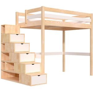 ABC MEUBLES Hochbett holz mit Treppenregal Sylvia - 120x200 - Naturlack/Weiß