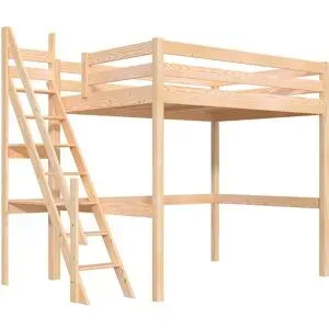 ABC MEUBLES Hochbett 140x200 aus holz Sylvia mit Mülertreppe - Roh (ohne Lack)