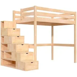ABC MEUBLES Hochbett holz mit Treppenregal Sylvia - 120x200 - Roh (ohne Lack)