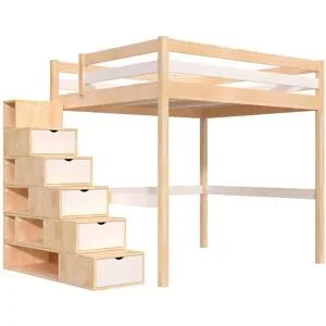 ABC MEUBLES Hochbett holz mit Treppenregal Sylvia - 160x200 - Naturlack/Weiß