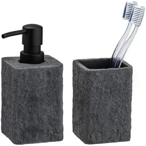 WENKO Seifenspender und Zahnputzbecher Villata, Grau, 2-teiliges Set
