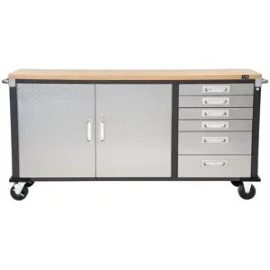 RIKTA ProLine Werkbank mit Rollen, L 195 X B 51 X H 95 cm, 320kg Belastung, FSC 100%, Buche