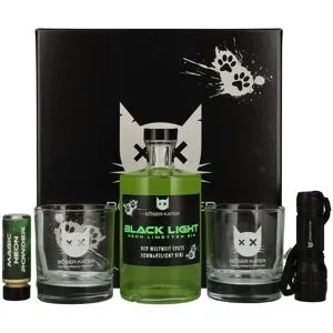 BÖSER KATER Black Light Neon Limetten Gin 40% Vol. 0,5l in Geschenkbox mit UV-Taschenlampe & Gläsern