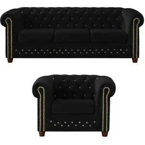 S-STYLE Chesterfield Polestergarnitur 3+1  Cleo Blink ¦ schwarz ¦ Maße (cm): B: