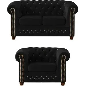 S-STYLE Chesterfield Polstergarnitur 2+1  Cleo Blink ¦ schwarz ¦ Maße (cm): B: