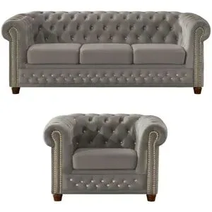 S-STYLE Chesterfield Polestergarnitur 3+1  Cleo Blink ¦ grau ¦ Maße (cm): B: 203