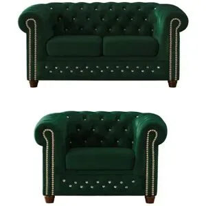 S-STYLE Chesterfield Polstergarnitur 2+1  Cleo Blink ¦ grün ¦ Maße (cm): B: 148