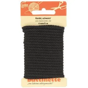 buttinette Baumwoll-Kordel für Bekleidung, schwarz, 4 mm Ø, Länge: 5 m