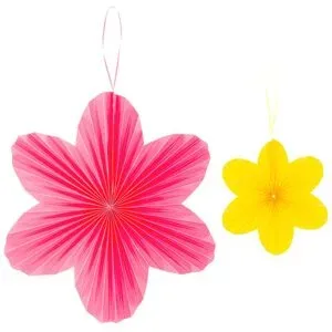Papier-Blumen, pink, gelb, 2 Stück