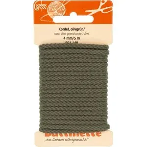 buttinette Baumwoll-Kordel für Bekleidung, olivgrün, 4 mm Ø, Länge: 5 m