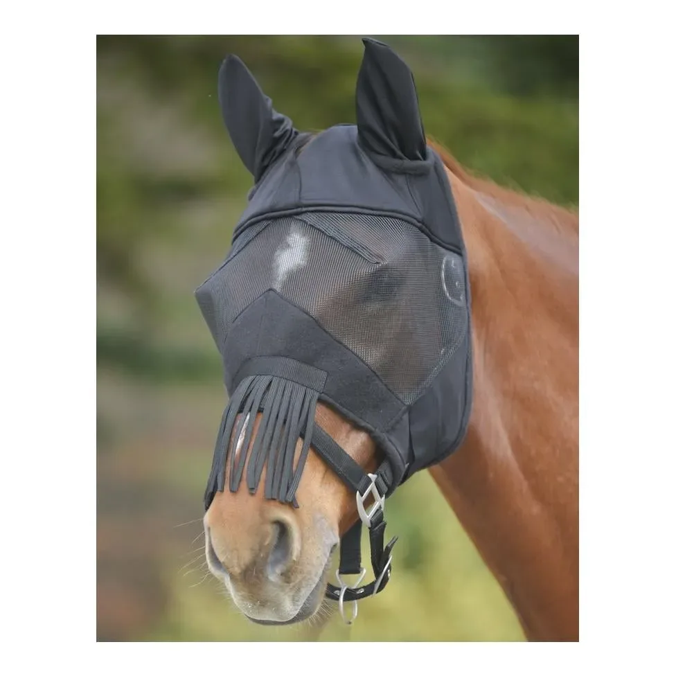 Waldhausen Fliegenmaske Premium mit Ohrenschutz und Nasenfransen - schwarz Grösse Pferd: Warmblut XL, Farbe: Schwarz