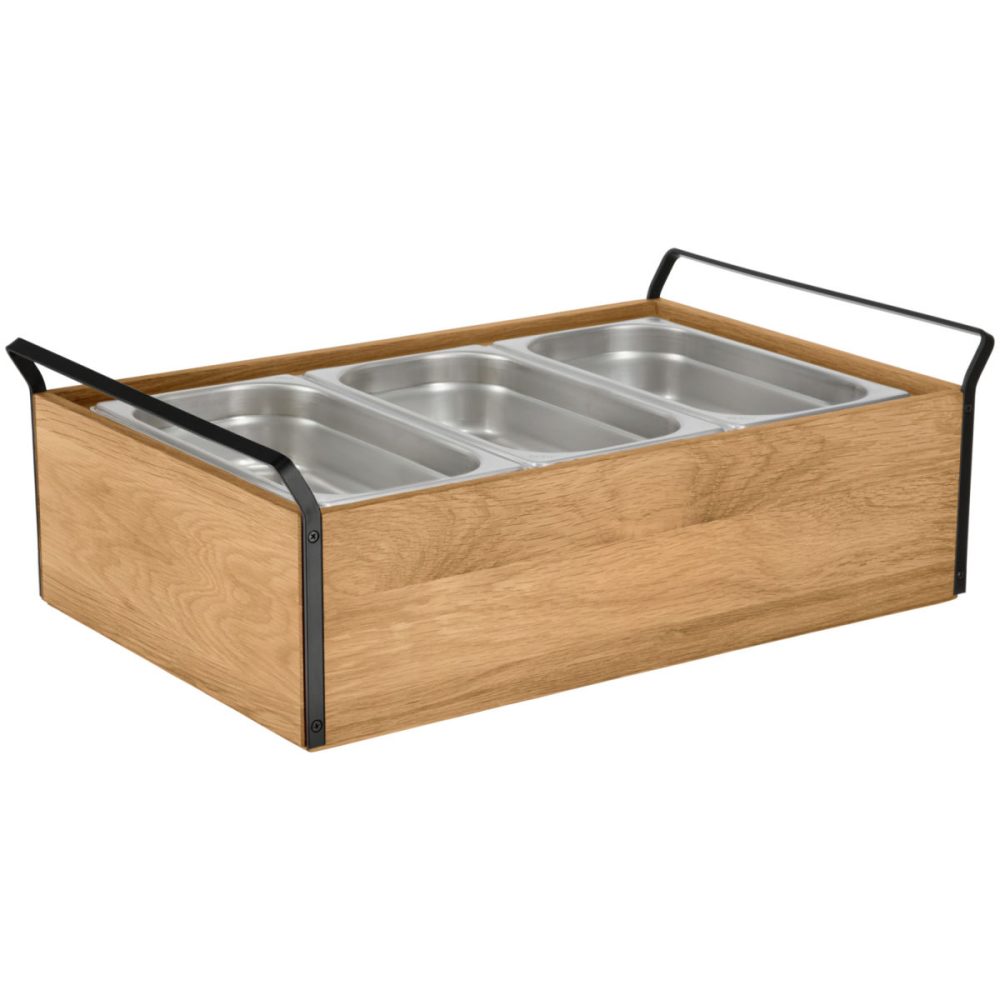 VEGA Buffet Kühltablett Esino hoch, 6,5 cm, Edelstahl 3x 1/3; GN 1/1, 61.9x38.6x20.9 cm (LxBxH); eiche/schwarz/edelstahl; rechteckig