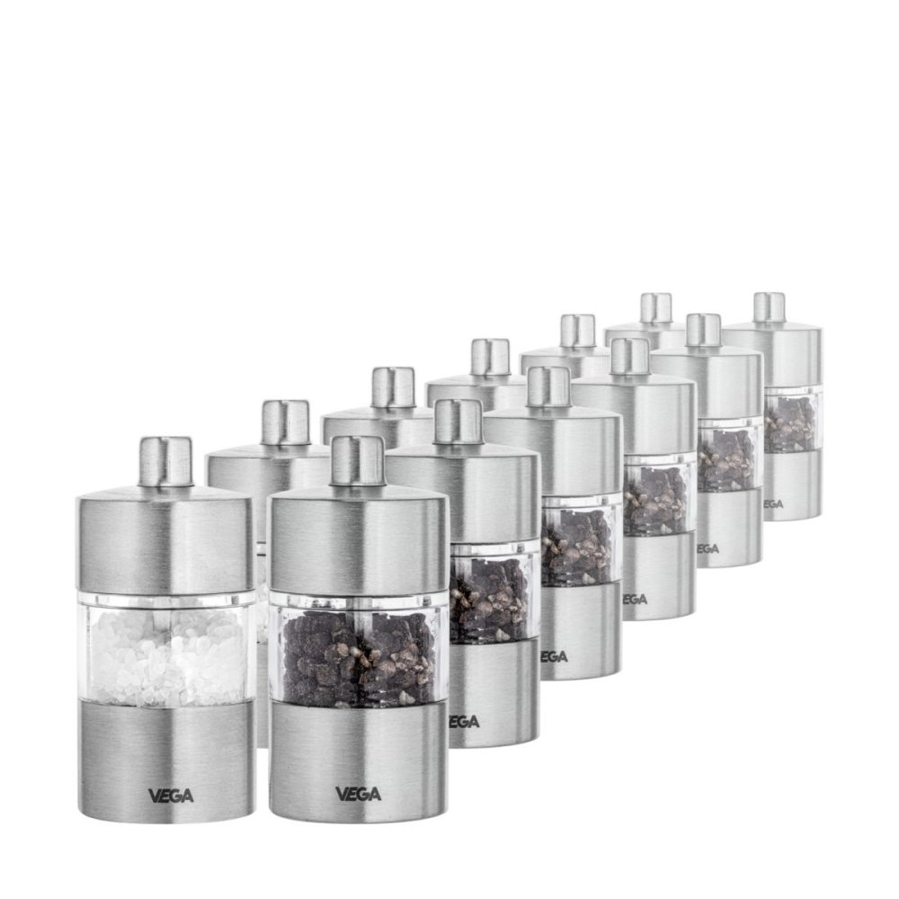 VEGA Spar-Pack Mini-Salz-/Pfeffermühlen-Set Moreno; 4x8.5 cm (ØxH); silber; 6 Set / Pack