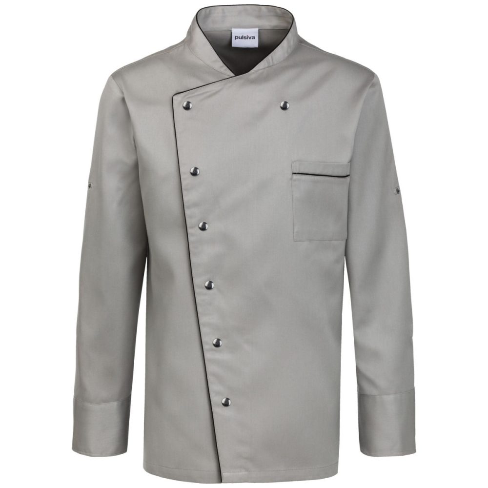 PULSIVA Herrenkochjacke Amadeus Langarm; Kleidergrösse 44/46; grau, Paspelierung schwarz