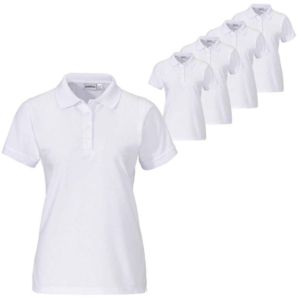 PULSIVA Vorteilspack Damen Polo-Shirt Sunny Halbarm; Kleidergrösse XS; weiss; 5 Stück / Pack