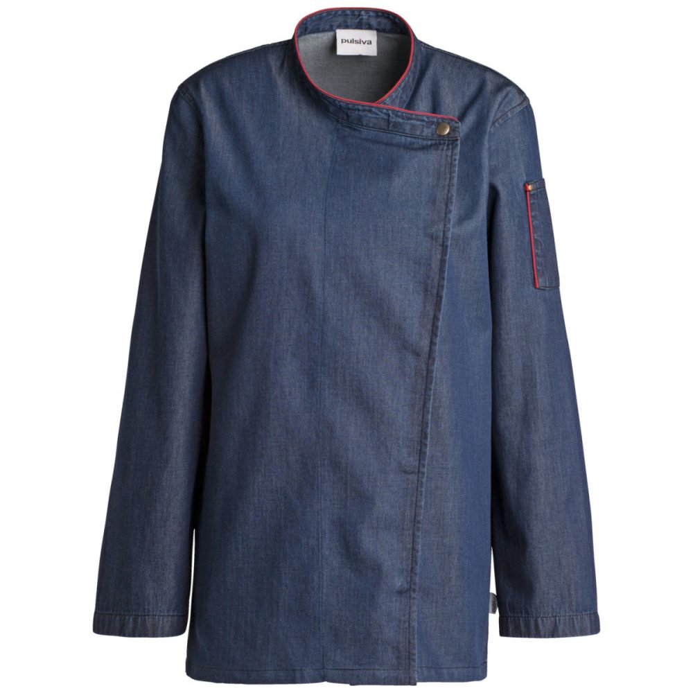 PULSIVA Damenkochjacke Celia Langarm; Kleidergrösse 42; denim, Paspelierung rot