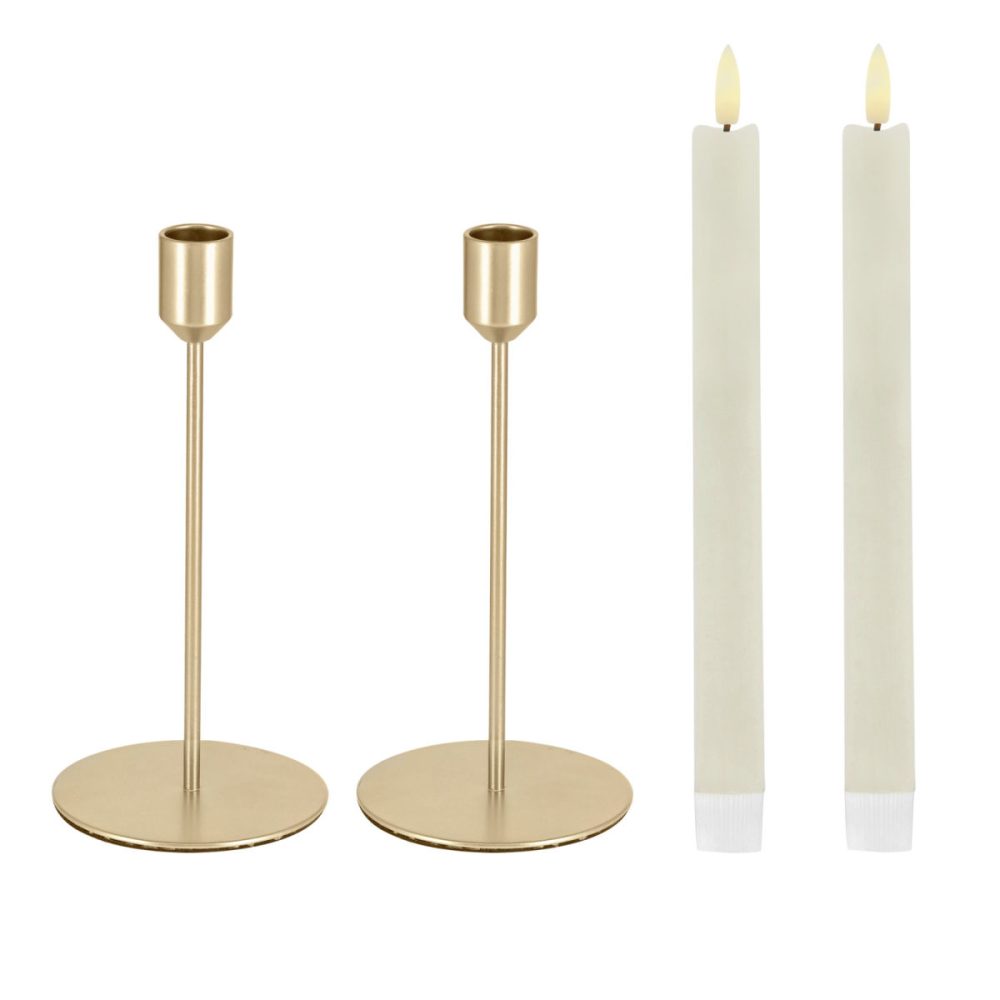 Spitzkerzenhalter-Set Aveni mit LED Kerzen 4-teilig; 24 cm (H); gold/cremeweiss