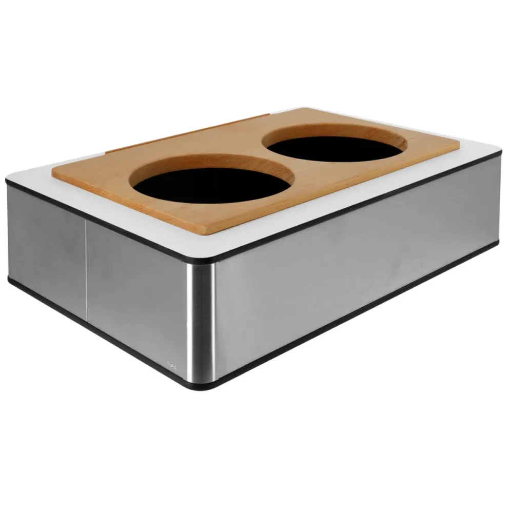 VEGA Schalendisplay Fundale für 2 Schalen, GN 1/1, Edelstahl, Holz; GN 1/1, 63x42.5x17.5 cm (LxBxH); edelstahl/weiss/buche; rechteckig