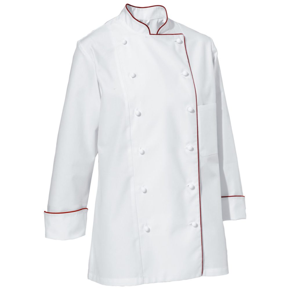 PULSIVA Damenkochjacke Aila Baumwolle Langarm farbige Paspel; Kleidergrösse 52; weiss/bordeaux