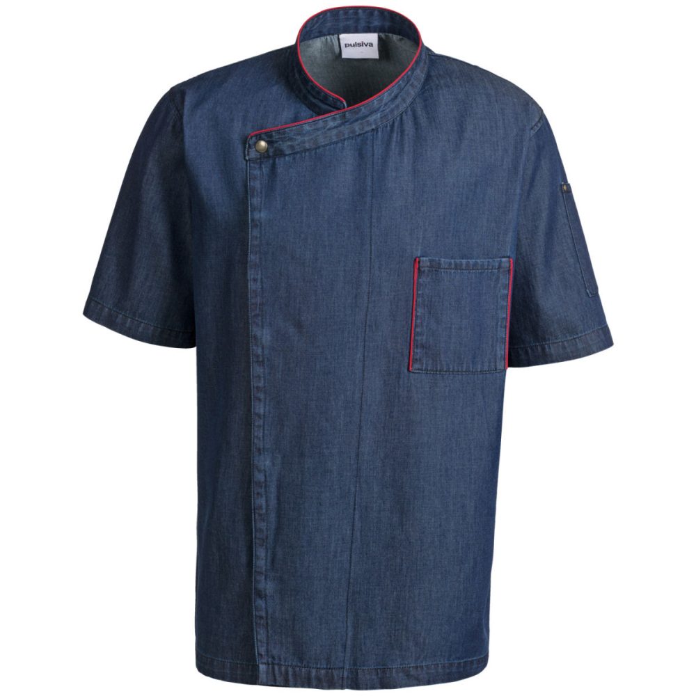 PULSIVA Herrenkochjacke Jason Halbarm; Kleidergrösse 50; denim, Paspelierung rot