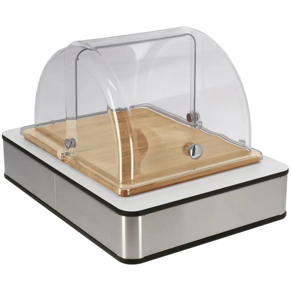 VEGA Buffetvitrine Fundale mittel, GN 1/2, Holz, mit Rolltop, kühlbar; GN 1/2, 42.5x31.5x27.4 cm (LxBxH); edelstahl/weiss/eiche/transparent; rechteckig