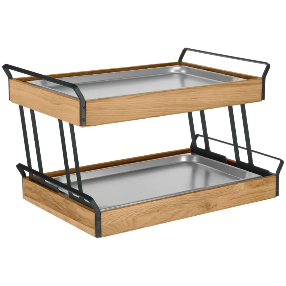 VEGA Buffet Kühltablett Esino flach, Edelstahl 2x 1/1 zweistöckig; GN 1/1, 61.9x38.6x36.9 cm (LxBxH); eiche/schwarz/edelstahl; rechteckig