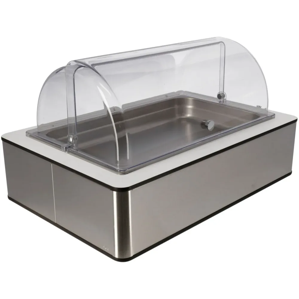 VEGA Buffetvitrine Fundale hoch, 6,5 cm, GN 1/1, Edelstahl, mit Rolltop, kühlbar; GN 1/1, 63x42.5x33.9 cm (LxBxH); edelstahl/weiss/transparent; rechteckig