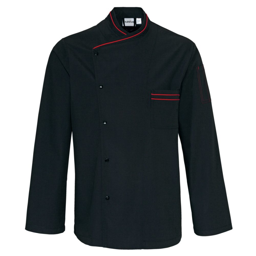 PULSIVA Herrenkochjacke Jonas Langarm; Kleidergrösse 56; schwarz, Paspelierung rot