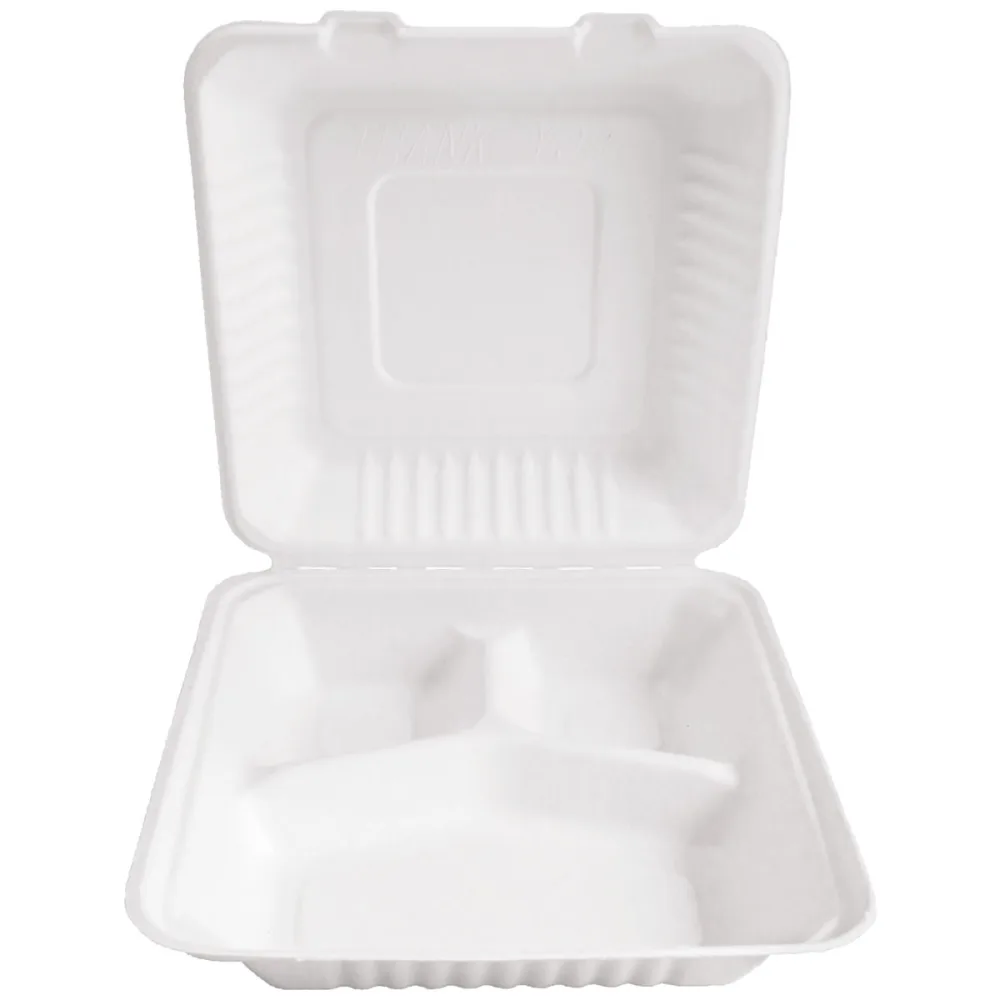 NATUREStar Zuckerrohr-Lunchbox Nature VIII 3 geteilt eckig; 1350 ml, 23x23x8.5 cm (LxBxH); weiss; quadratisch; 25 Stück / Pack