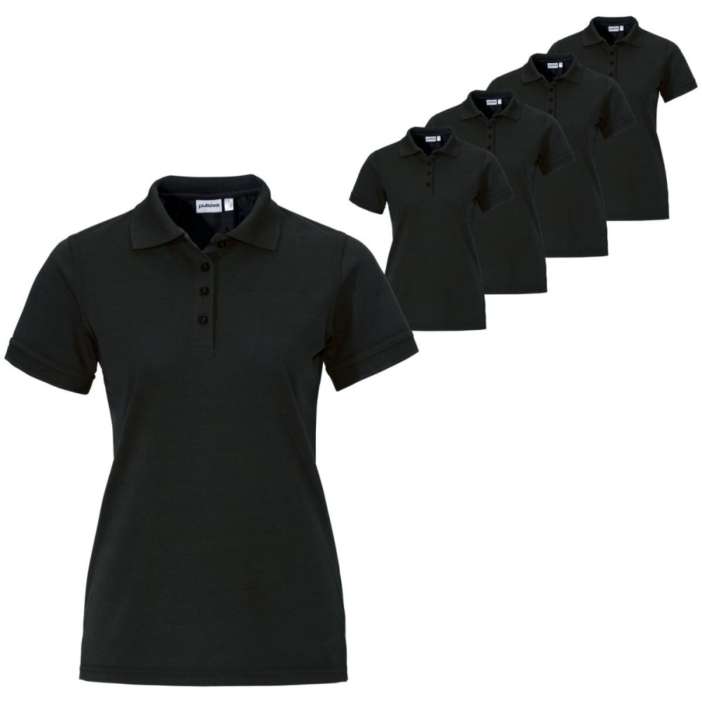 PULSIVA Vorteilspack Damen Polo-Shirt Sunny Halbarm; Kleidergrösse XS; schwarz; 5 Stück / Pack